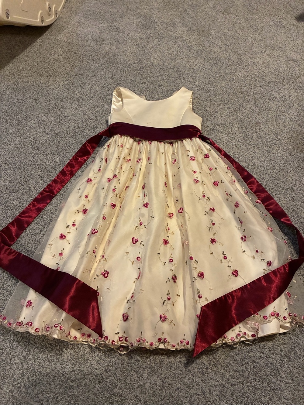 Cinderella Ivory Dress with Burgundy Satin Sash and Pink Floral Embroidery